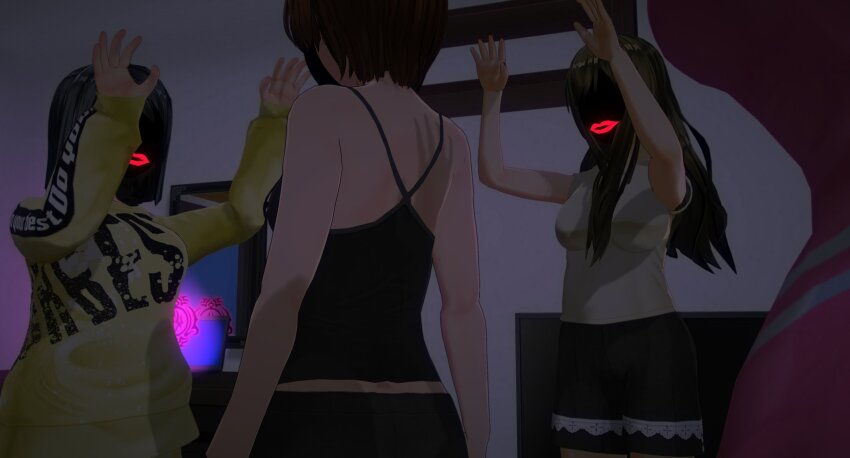 3d bare_shoulders black_hair breasts brown_hair custom_maid_3d_2 dancing faceless female_only femdom femsub hypnotized_assistant hypnotized_dom li_q lipstick long_hair mask multiple_girls multiple_subs red_lipstick short_hair sweater symbol tank_top