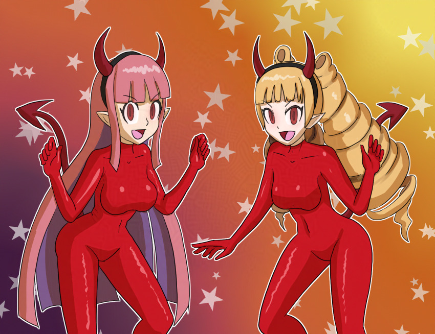 alternate_costume blonde_hair bodysuit character_request disgaea drill_hair empty_eyes female_only femsub horns long_hair mythkaz pink_hair red_eyes tagme