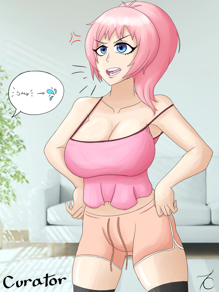 absurdres angry blue_eyes clothed collarbone crop_top crystal_(zko) female_only femsub hand_on_hip large_breasts long_hair midriff open_mouth original pink_hair ponytail sequence shorts signature solo speech_bubble standing tank_top text the_us_doctor thighhighs trigger