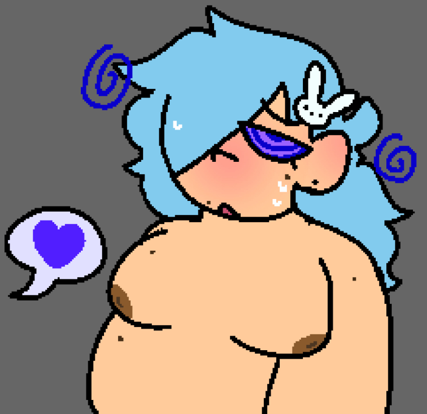 blue_hair blush boyfriend_(friday_night_funkin&#039;) breasts bunny_(picoburp) chubby dazed friday_night_funkin&#039; heart malesub original picoburp ring_eyes sweat topless transgender_identity transmasc