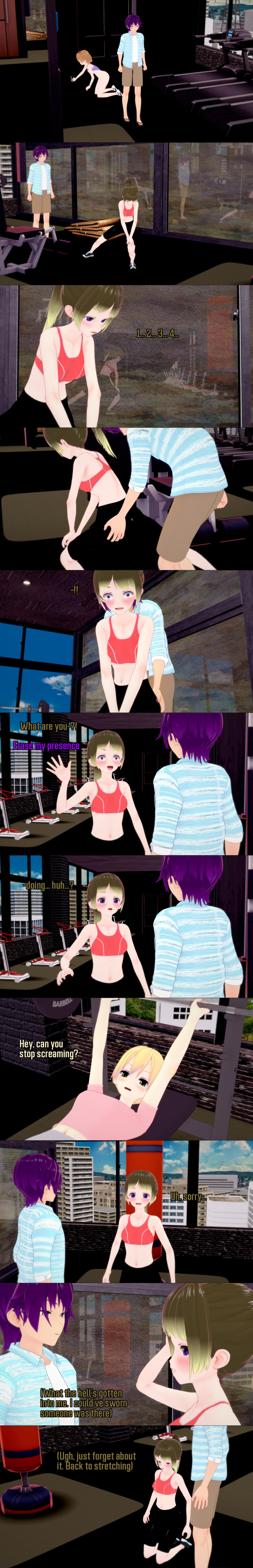 absurdres altered_perception blonde_hair breasts brown_hair clothed dialogue english_text femsub green_eyes grey_eyes gym gym_uniform maledom multiple_girls nipples nude original phone ponytail purple_eyes purple_hair short_hair text zenin1