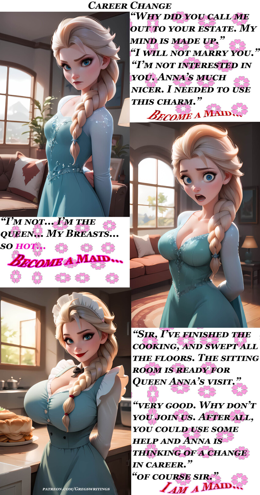 ai_art before_and_after breast_expansion caption cleavage disney femsub frozen huge_breasts large_breasts maid_headdress maledom pov_dom queen_elsa small_breasts surprised