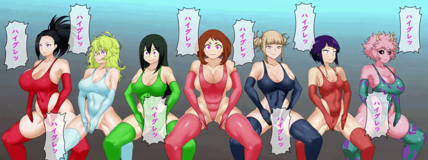 animated animated_gif black_hair black_sclera blonde_hair bouncing_breasts brown_hair clothed dialogue female_only femsub gloves green_hair haigure himiko_toga horns konnandakke kyoka_jiro leggings leotard long_hair mina_ashido momo_yaoyorozu multiple_girls multiple_subs my_hero_academia ochaco_uraraka opera_gloves pink_eyes pink_hair pink_skin short_hair text toru_hagakure translation_request tsuyu_asui