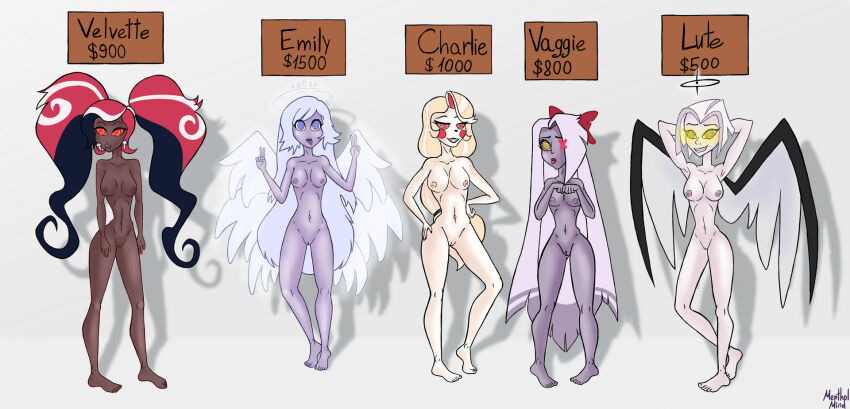 angel angel_girl auction barefoot charlie_(hazbin_hotel) dark_skin demon demon_girl drool emily_(hazbin_hotel) female_only femsub glowing_eyes grey_skin happy_trance hazbin_hotel long_hair lute_(hazbin_hotel) mentholmind multiple_girls multiple_subs nude spiral_eyes text tongue_out vaggie_(hazbin_hotel) velvette_(hazbin_hotel) white_skin wings