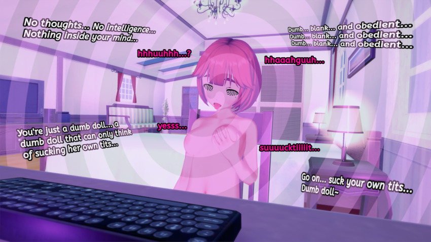 3d brain_drain computer english_text female_only femsub hypnotic_audio hypnotic_screen julie_(liz_b) koikatsu! liz_b nude original pink_hair sitting spiral spiralwash_eyes text tongue_out