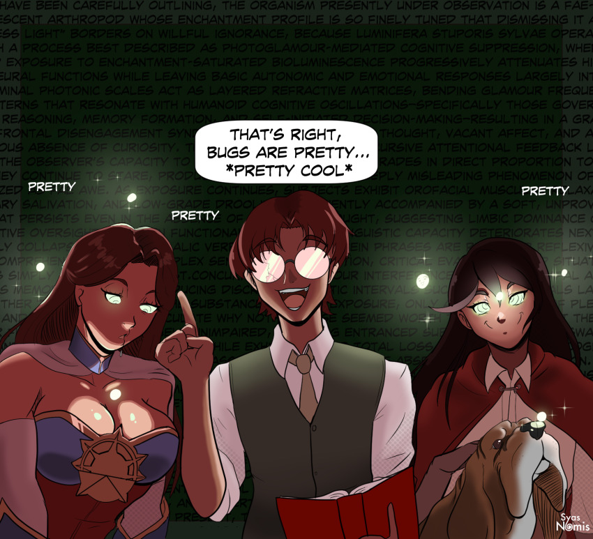 bioluminescence black_hair brown_hair cape cleavage crossed_eyes dazed dialogue dog drool dungeons_and_dragons english_text femsub glasses glowing glowing_eyes happy_trance hypnotic_light insect knight large_breasts long_hair multiple_girls multiple_subs open_mouth original short_hair simple_background smile spiral_eyes syas-nomis text tie