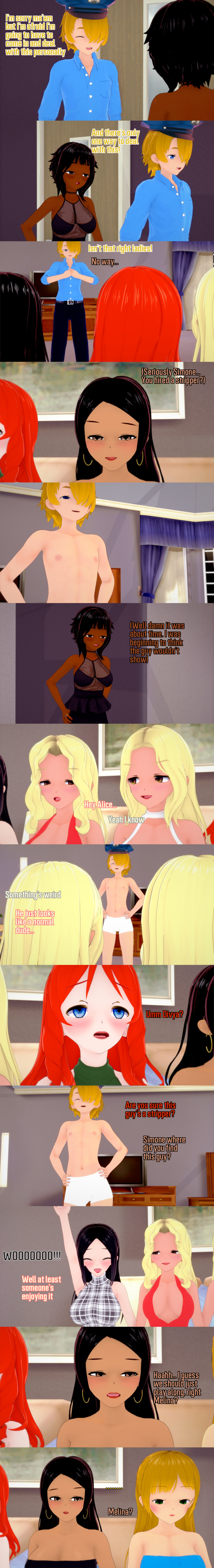 absurdres alice_(veritas) aware black_eyes black_hair blonde_hair blue_eyes brown_eyes closed_eyes clothed dark_skin dialogue divya_(veritas) empty_eyes english_text expressionless femsub green_eyes hannah_(veritas) long_hair maledom matthew_(veritas) melina_(veritas) multiple_girls paige_(veritas) red_hair short_hair simone_(veritas) text twins underwear undressing veritas zenin1