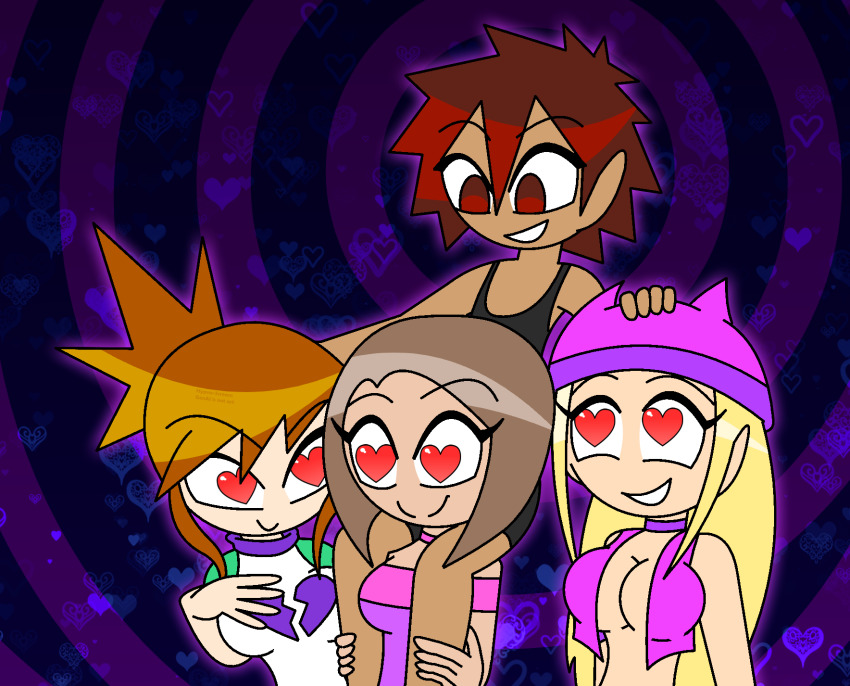 aged_up alternate_costume bare_shoulders blonde_hair blue_background brown_eyes brown_hair carrying choker davis_motomiya digimon digimon_adventure digimon_adventure_02 digimon_frontier digimon_tamers eyebrows_visible_through_hair eyelashes fake_animal_ears femsub happy_trance harem hat heart heart_eyes hypnoscream kari_kamiya large_breasts maledom multiple_girls multiple_subs open_clothes orange_hair ponytail red_eyes rika_nonaka ring_background scarf shiny_hair shirt simple_background tank_top vest zoe_orimoto