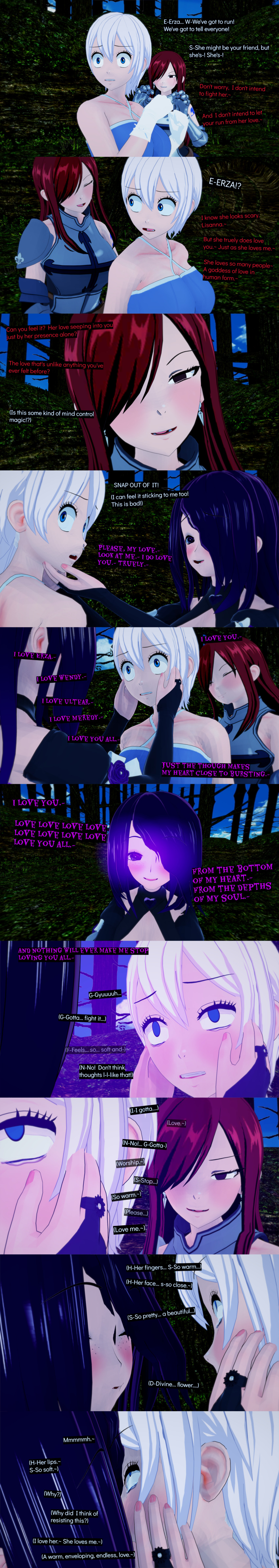 absurdres armor betrayal black_eyes black_hair blue_eyes closed_eyes clothed cyanstargazer dialogue english_text erza_scarlet eye_roll fairy_tail female_only femdom femsub freckles hair_covering_one_eye hypnotized_assistant kissing lisanna_strauss long_hair multiple_girls multiple_subs red_eyes red_hair short_hair tears text yuri