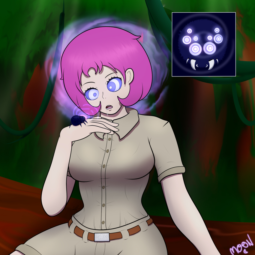 drool glowing_eyes hypnotic_eyes jungle m00n_key open_mouth original pink_hair signature spider stella_(moon_key) surprised symbol_in_eyes