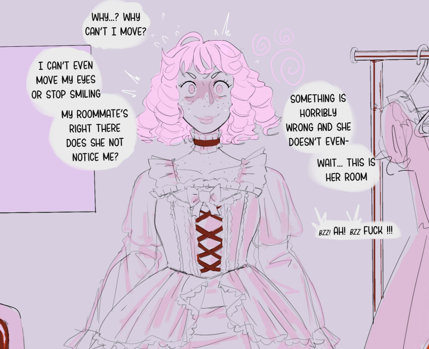 aware bow brynkiwi catalepsy choker display dollification dress femsub freckles frills pink_eyes pink_hair posed spiral standing text thought_bubble unhappy_trance
