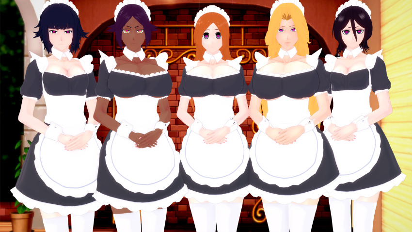 3d alternate_costume black_hair bleach blonde_hair blue_eyes breasts cleavage clothed dark_skin femsub grey_eyes heart heart_eyes huge_breasts koikatsu! large_breasts light_skin long_hair maid maid_headdress muhuhu multiple_girls multiple_subs orange_hair orihime_inoue pov purple_eyes rangiku_matsumoto rukia_kuchiki short_hair skirt small_breasts soi_fon symbol_in_eyes yellow_eyes yoruichi_shihoin