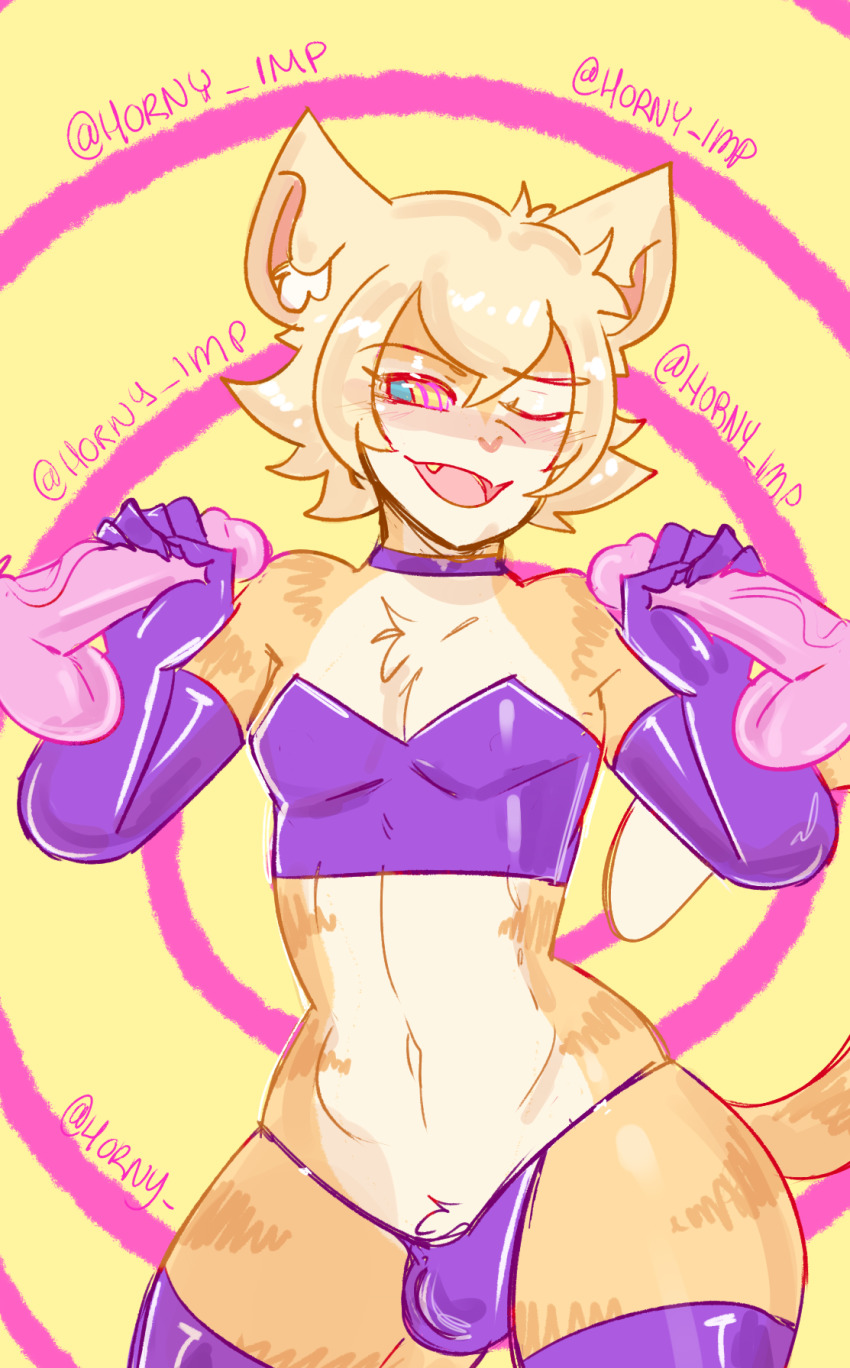 blonde_hair bulge cat_boy choker collar double_handjob femboy furry gloves handjob horny_imp latex male_only malesub navel one_eye_open open_mouth opera_gloves penis short_hair signature smile spiral_background standing tagme thighhighs thong tiger_boy veins yaoi