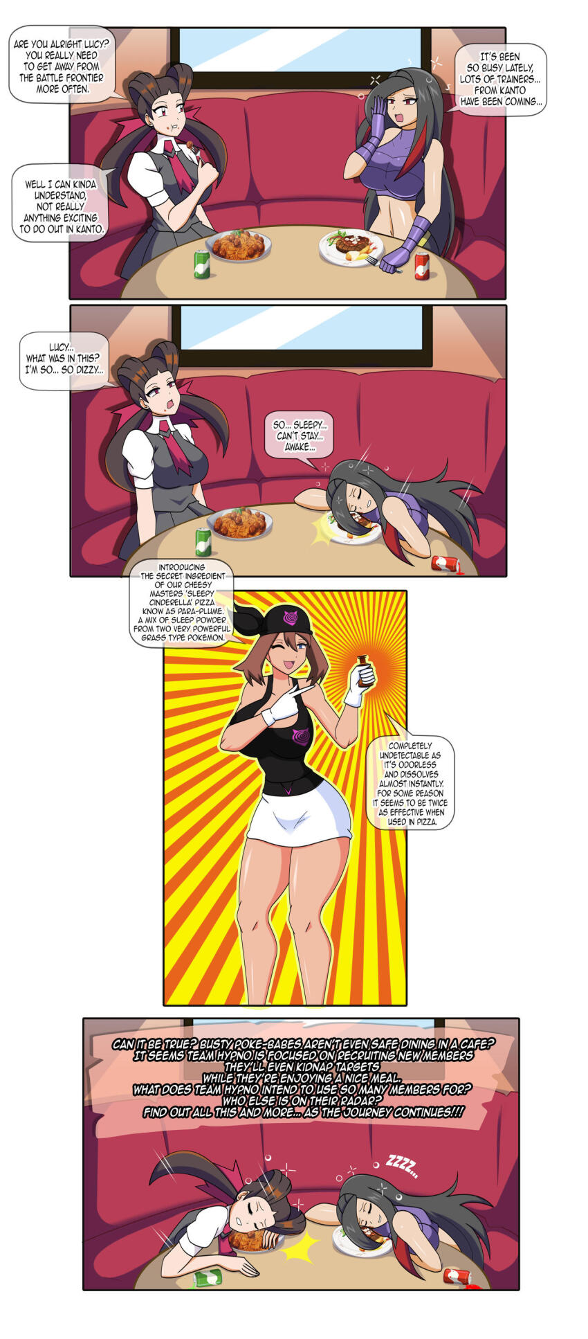 black_hair brown_hair comic dialogue dlobo777 empty_eyes femsub happy_trance long_hair lucy_(pokemon) may nintendo pokemon roxanne sleeping team_hypno text