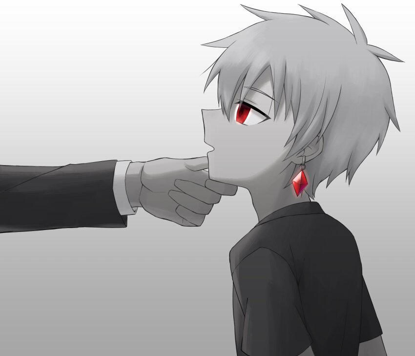 chin_hold earrings greyscale malesub original red_eyes short_hair tsukiura_luna