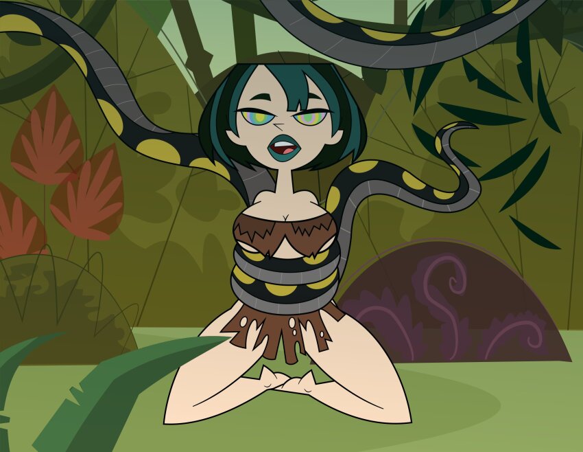 anti_noty arms_behind_back bondage coils complex_background femsub goth green_eyes gwen_(total_drama) jungle kneeling lipstick open_mouth rainbow_eyes ring_eyes short_hair snake total_drama