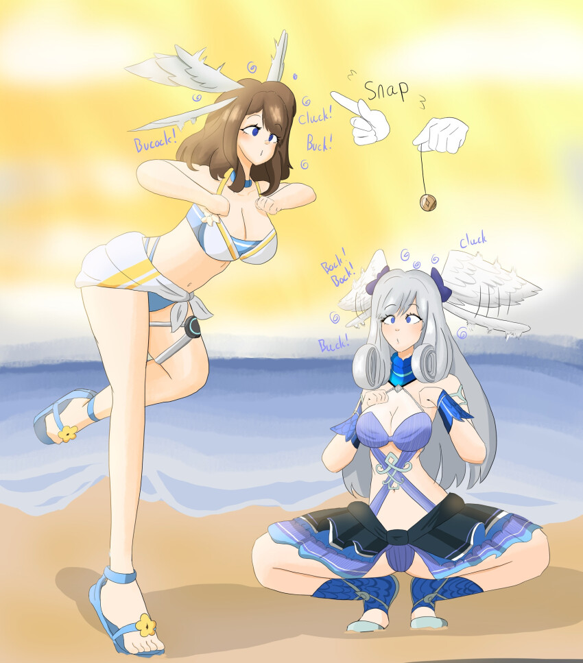 a_singular_fish beach bikini bikini_bottom bikini_top blue_eyes blush brown_hair chicken_pose choker cleavage collarbone curly_hair emblem eunie_(xenoblade) eyebrows_visible_through_hair feet female_only femsub finger_snap flower large_breasts legs long_hair melia_antiqua miniskirt navel nintendo pendulum sandals silver_hair spiral_eyes squatting towel wings wrist_band xenoblade_chronicles xenoblade_chronicles_3