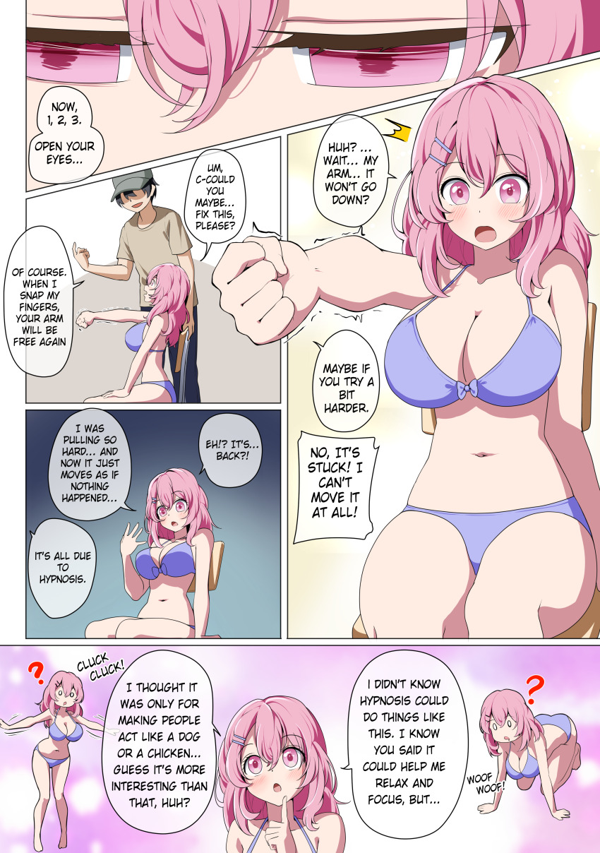 arm_levitation dialogue etlabsotwe femsub large_breasts maledom minami_kotobuki oshi_no_ko pink_hair swimsuit text