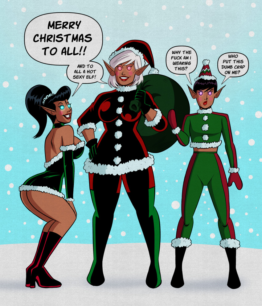 angry ass aware black_hair blue_eyes blueshift_(polmanning) boots brown_hair christmas dark_skin dialogue elf_ears femsub glowing_eyes hand_on_hip kneehighs lipstick long_hair makeup milf multiple_girls multiple_subs original pink_eyes polmanning ponytail posing purple_eyes red_lipstick sandra_(polmanning) santa_costume santa_hat scarlet_smasher_(polmanning) short_hair snow speech_bubble standing text thighhighs white_hair