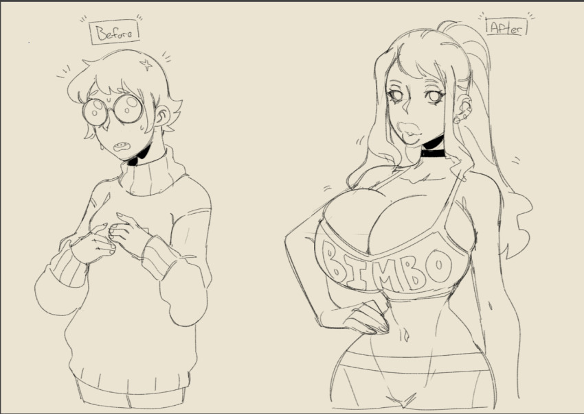 before_and_after bimbofication bimbophi breast_expansion glasses large_breasts monochrome nerd thighhighs