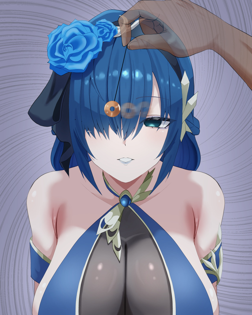 absurdres bare_shoulders blue_hair breasts coin collarbone dress empty_eyes eomo eternal_return eyebrows_visible_through_hair eyeshadow femsub flower flower_in_hair green_eyes grey_background hair_covering_one_eye hair_ornament hair_ribbon huge_breasts lenore lipstick long_hair makeup open_mouth pendulum phantom_hand pov pov_dom ribbon sideboob spiral_background tight_clothing