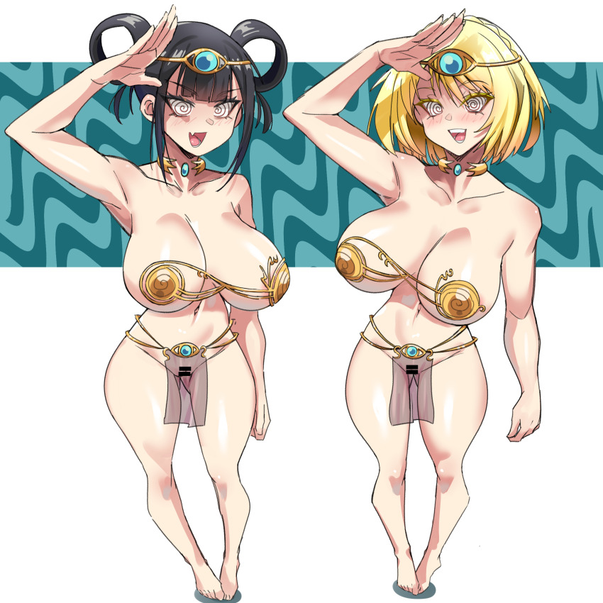 bikini_top black_hair blonde_hair bottomless color female_only femsub huge_breasts kazusa_suou makoto_tsujita nue&#039;s_exorcist saluting spiral_eyes tagme