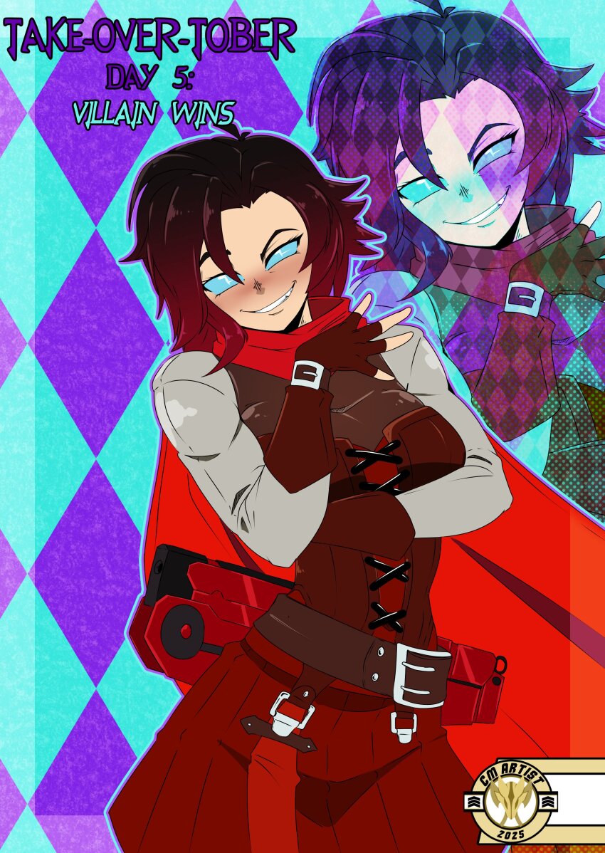 absurdres bad_end blue_eyes blue_sclera blush breasts clothed cm_artist corruption curious_cat english_text femsub fingerless_gloves gloves happy_trance looking_at_viewer possession red_hair ruby_rose rwby short_hair slit_pupils smile smirk smug tagme text white_eyes