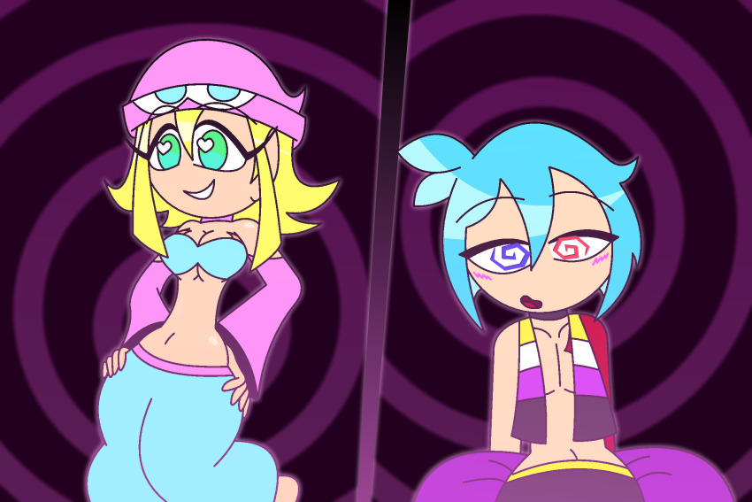 aged_up ahoge amitie arm_warmers bare_shoulders blonde_hair blue_eyes blue_hair blush choker consensual crop_top dancer dancing demon demon_boy eyebrows_visible_through_hair femdom hand_on_hip happy_trance harem_outfit hat heterochromia hypnoscream love midriff navel non-binary non-binary_sub open_clothes open_mouth pillow pride_colors puyo_puyo red_eyes ring_background scars short_hair sig simple_background sitting smile transfem transgender_identity wide_hips