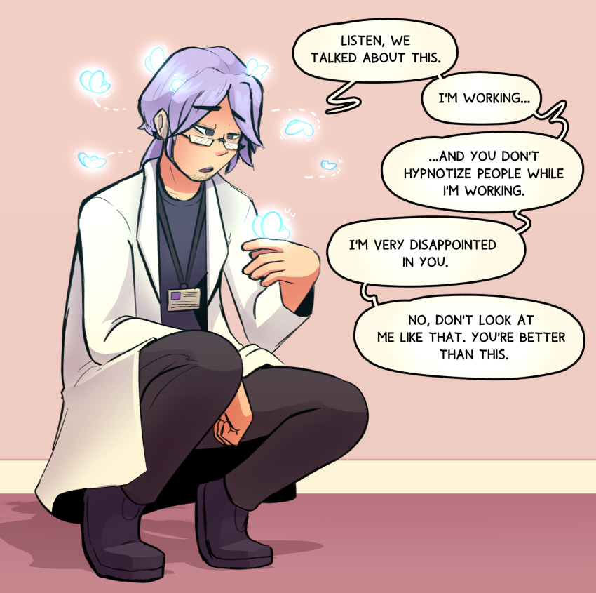 brushie_art butterfly crouching dialogue glasses glowing hypnotic_creature id_card lab_coat lilac_(brushie_art) male_only original purple_hair speech_bubble text