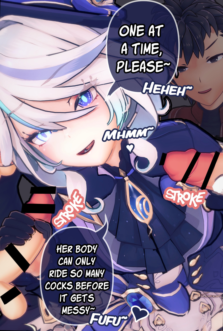 3d blue_eyes breasts censored character_request dialogue english_text eyebrows_visible_through_hair femsub furina_(genshin_impact) genshin_impact group_sex handjob hat heart kpoo maledom mind_break penis possession sex speech_bubble text white_hair