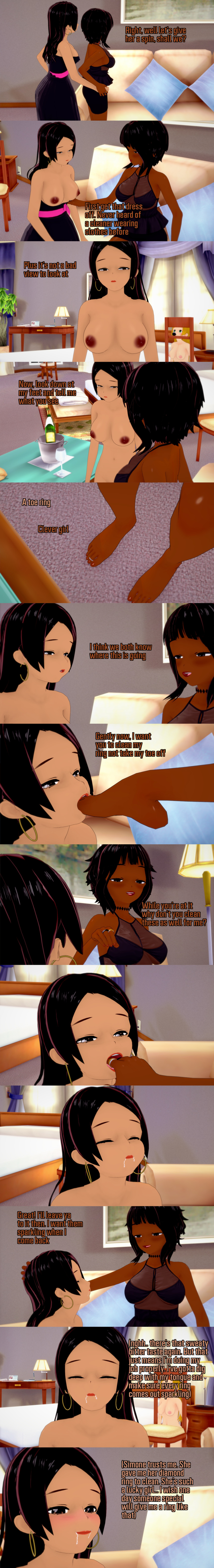 absurdres black_eyes black_hair blush breasts brown_eyes closed_eyes clothed dark_skin dialogue divya_(veritas) english_text feet female_only femdom femsub foot_licking human_furniture multiple_girls nipples nude short_hair simone_(veritas) text toe_ring veritas zenin1