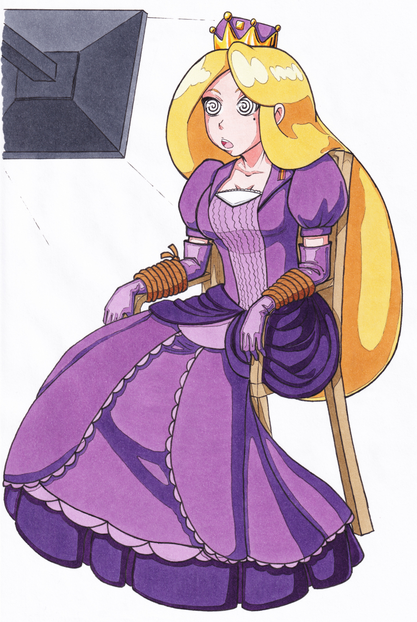 absurdres advance_wars blonde_hair breasts chair collarbone color crown dress gloves hypnotic_screen jesturia long_hair mole nell_(advance_wars) nintendo open_mouth opera_gloves princess princessification restrained rope royalty simple_background sitting small_breasts spiral spiral_eyes spiralwash_eyes symbol_in_eyes tagme very_long_hair white_background