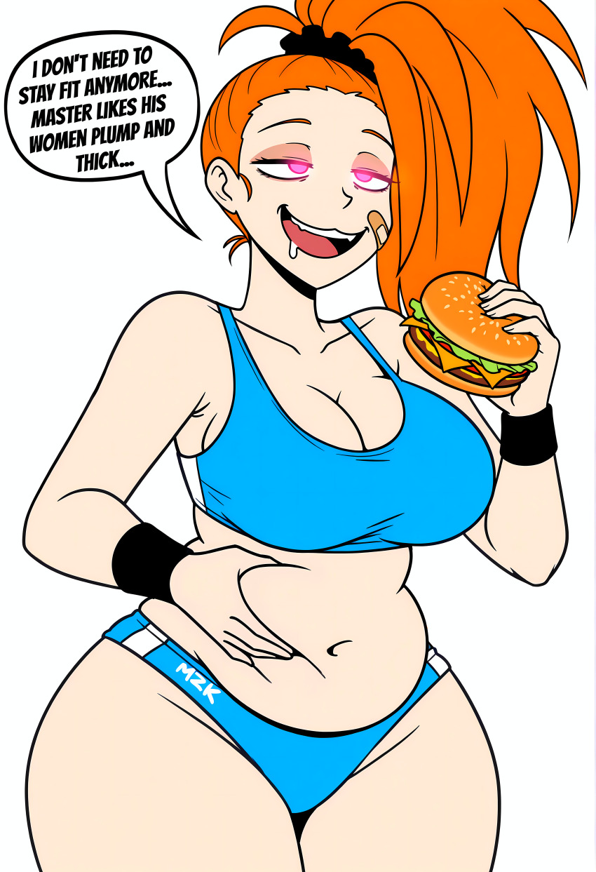 ai_art captain_mizuki chubby cleavage collarbone dialogue drool english_text female_only femsub food glowing_eyes happy_trance large_breasts long_hair maledom manip midriff minimimic_(generator) minimimic_(manipper) navel one_punch_man open_mouth orange_hair pink_eyes ponytail simple_background smile speech_bubble sports_bra stable_diffusion_(ai) text weight_gain white_background wrist_band