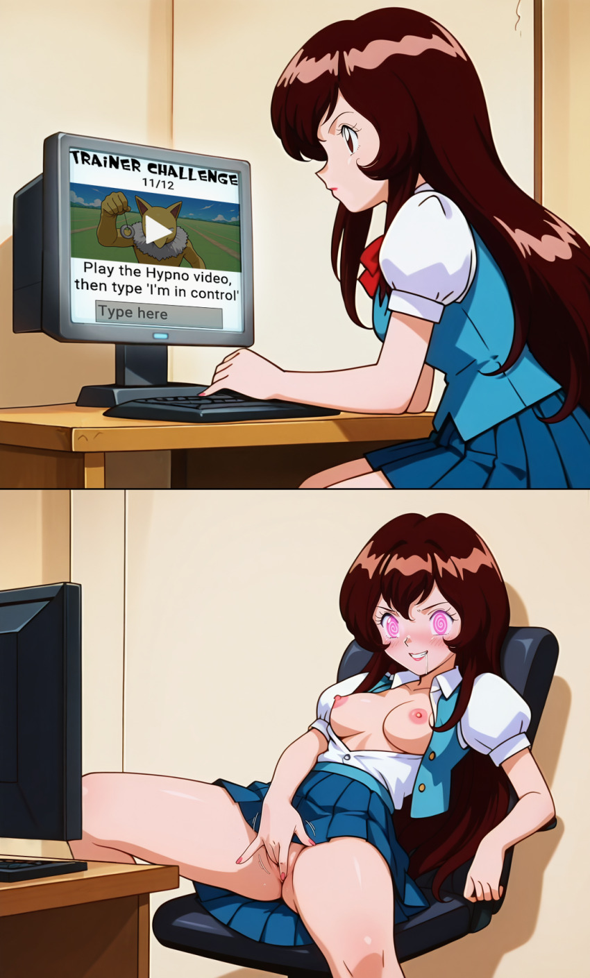 ai_art bangs before_and_after blush breasts breasts_outside brown_hair clothed coin comic computer drool femsub fingering giselle_(pokemon) happy_trance hypno inspiraleyes_(generator) light_skin long_hair masturbation nintendo nipples pale_skin pendulum pink_eyes pokemon pokemon_(anime) pokemon_(creature) skirt spiral_eyes stable_diffusion_(ai) story symbol_in_eyes text