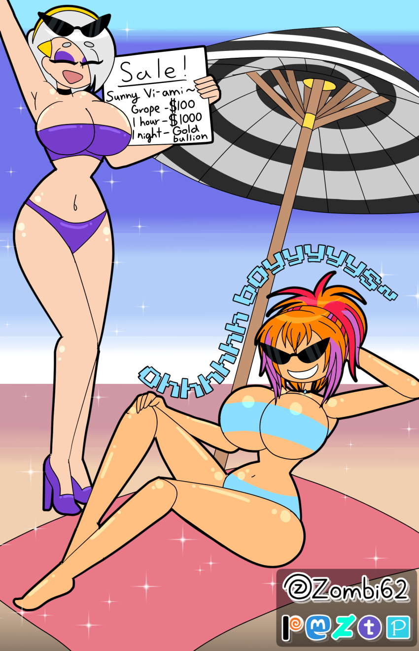 beach bikini bikini_bottom bikini_top blonde_hair breasts deejay_(zombi62) doll doll_joints dollification feet femdom femsub gradient_background high_heels huge_breasts knick_knack large_breasts long_hair original pink_hair ponytail prostitution purple_hair red_hair short_hair simple_background smile sunglasses sunny_miami swimsuit text transformation umbrella vi_(vynil) white_hair zombi62