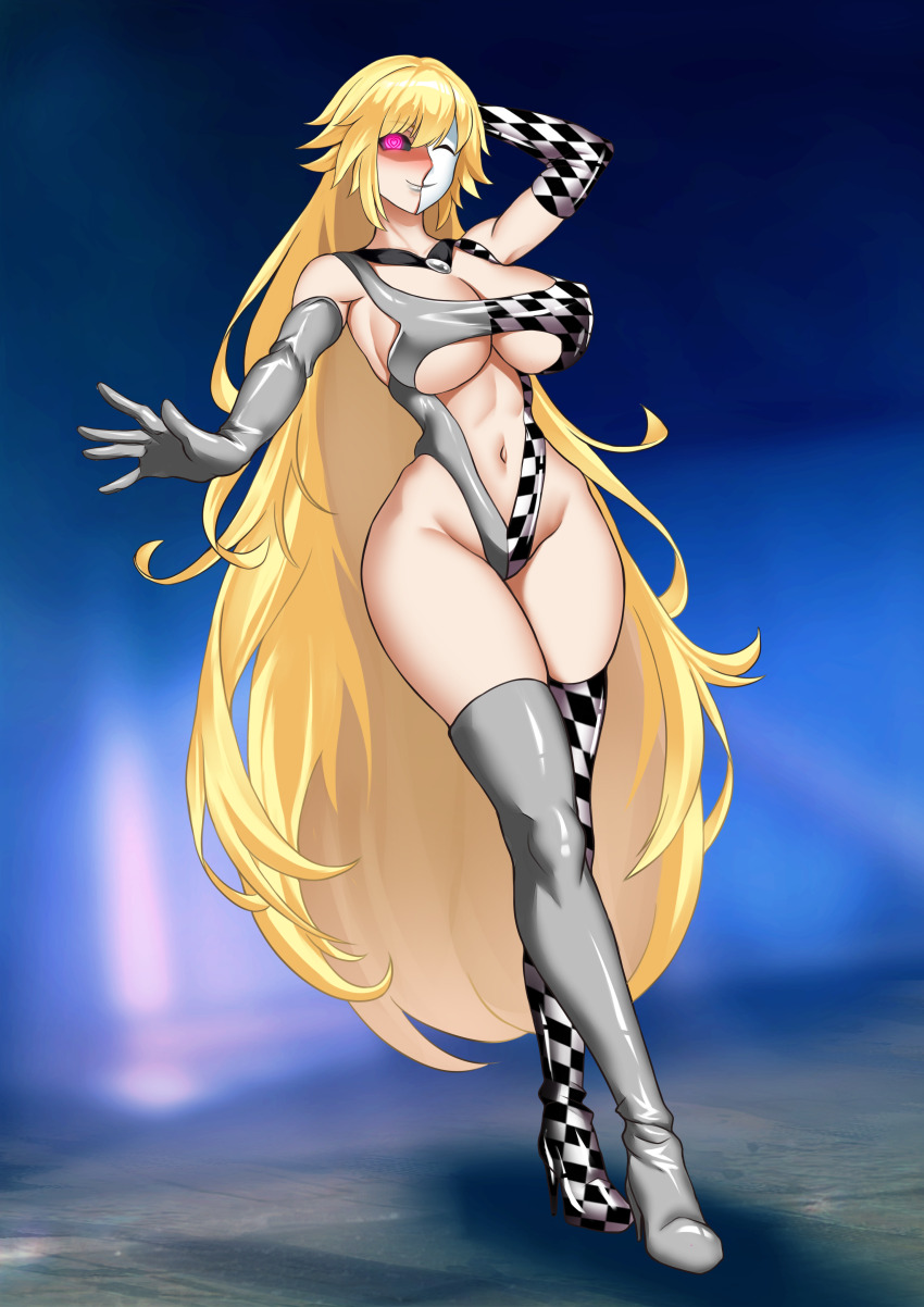 absurdres black_sclera blonde_hair blush boots breasts cleavage corruption fate/grand_order fate_(series) female_only femsub gloves glowing_eyes gradient_background hadant hand_on_head happy_trance heart_eyes high_heels jeanne_d&#039;arc_(fate) large_breasts lipstick long_hair mask navel opera_gloves pink_eyes signature sling_bikini smile solo standing story thigh_boots thighhighs underboob very_long_hair white_lipstick