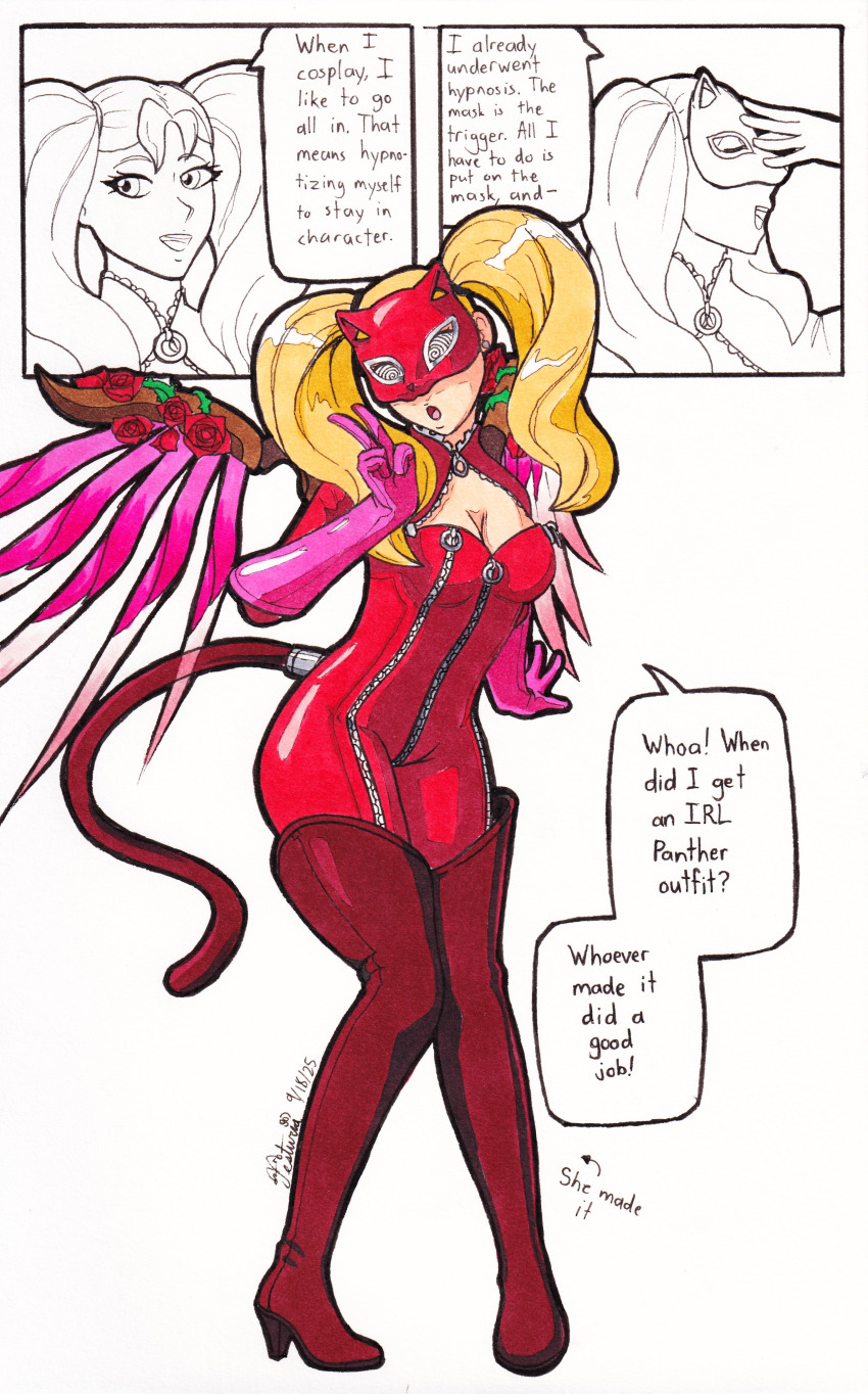 ann_takamaki blonde_hair comic consensual cosplay dialogue identity_swap jesturia mercy overwatch persona_(series) persona_5 self_hypnosis spiral_eyes spiralwash_eyes tagme traditional trigger twintails