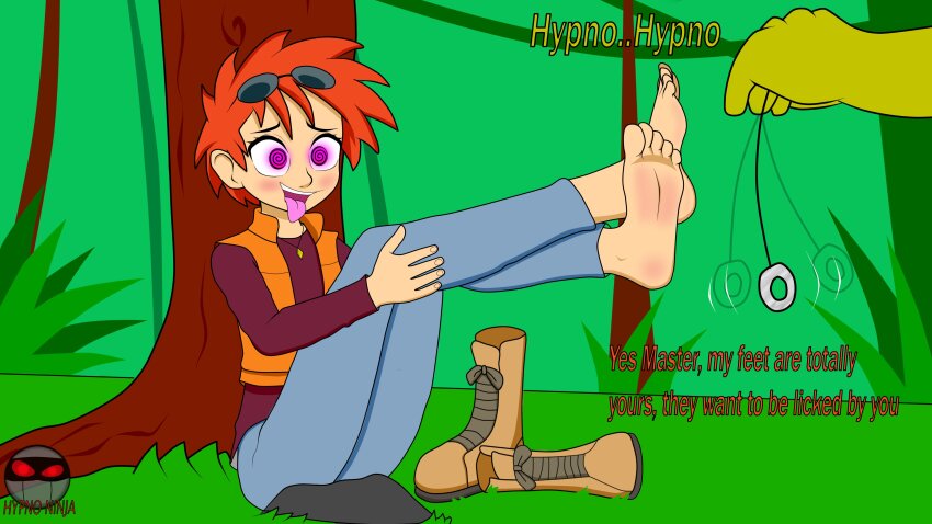 barefoot boots feet femsub foot_focus happy_trance hypno hypno_ninja nintendo orange_hair pendulum pokemon pokemon_(anime) pokemon_diamond_pearl_and_platinum short_hair spiral_eyes text tongue_out zoey_(pokemon)