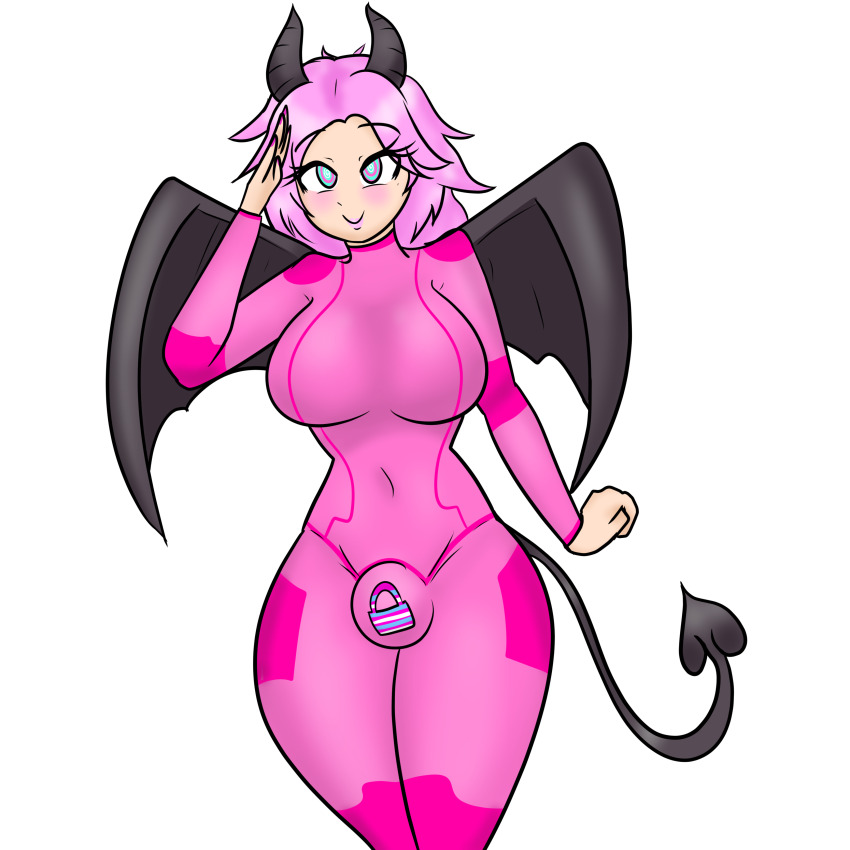 ahoge blue_eyes blush bulge demon demon_girl eyebrows_visible_through_hair female_only femsub happy_trance horns large_breasts lipstick long_hair multicolored_eyes nail_polish null_bulge original pink_eyes pink_hair ria_(vartori) ring_eyes saluting simple_background sleepy_kai smile solo spiral_eyes tail thick_thighs transfem transgender_identity white_background wide_hips wings zero_suit