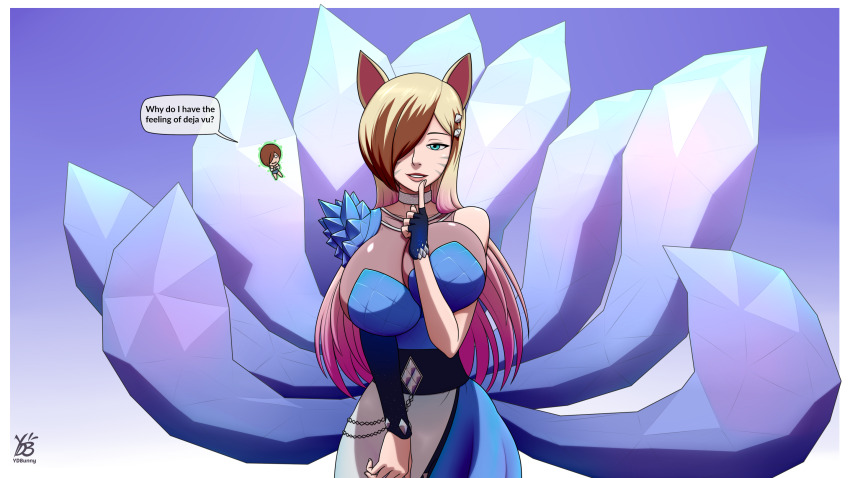 ahri_(league_of_legends) alternate_costume alternate_hair_color alternate_hairstyle aura aware bare_shoulders blonde_hair breasts brown_hair dialogue english_text female_only femdom femsub ghost green_eyes hair_covering_one_eye hand_on_head happy_trance kitsune_girl large_breasts league_of_legends long_hair maya_goodwall_(stargizar) multicolored_hair original possession short_hair smile speech_bubble tail text whitewash_eyes ydbunny