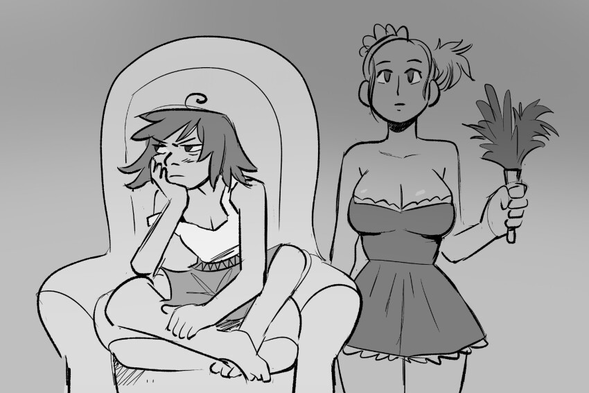 ahoge bare_shoulders barefoot blush chair cleavage collarbone crossed_legs dress empty_eyes expressionless feather_duster feet female_only femdom femsub grey_background humor large_breasts legs long_hair looking_at_viewer maid maid_headdress mollyjames original ponytail shirt short_skirt shorts simple_background sitting small_breasts standing tank_top