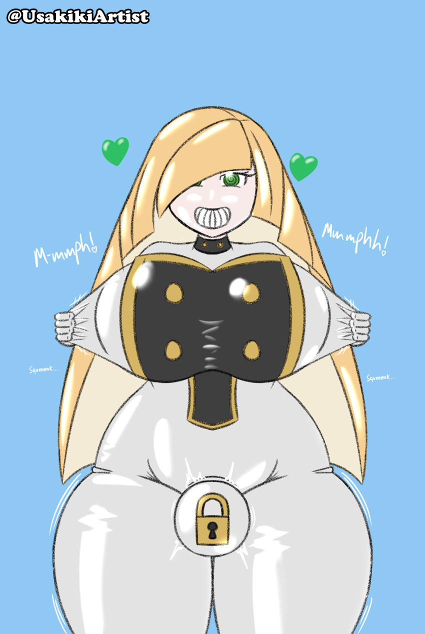 ass blonde_hair bodysuit breasts bulge female_only femsub futa_only futanari futasub green_eyes hair_covering_one_eye happy_trance heart huge_breasts latex long_hair lusamine meat_corp nintendo null_bulge pokemon pokemon_sun_and_moon rubber smile spiral_eyes standing symbol_in_eyes thick_thighs uniform usakiki