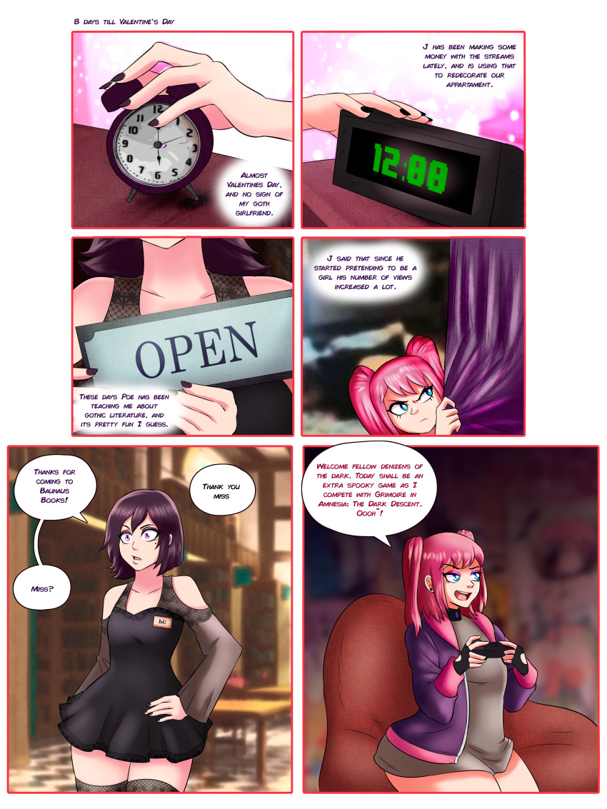 black_hair choker comic dress eyeshadow fingerless_gloves game_controller goth long_hair makeup mole pink_hair speech_bubble text themightfenek thought_bubble transgender twintails