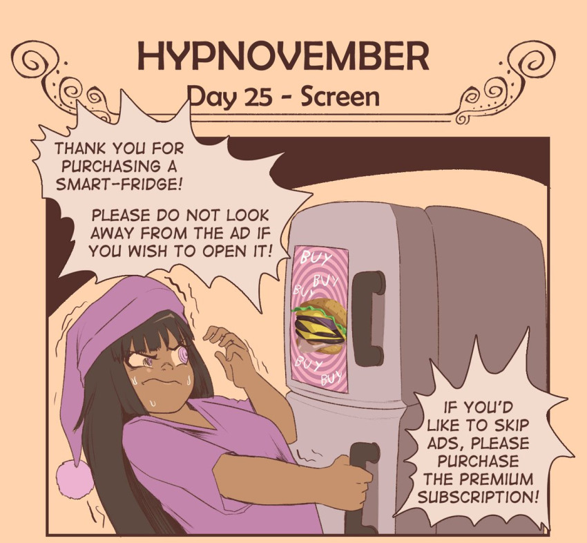 black_hair dark_skin english_text female_only femsub food hat hypnovember long_hair mary_mavys_(pstash) original pstash resisting shirt speech_bubble spiral spiral_eyes tech_control text trembling yellow_background