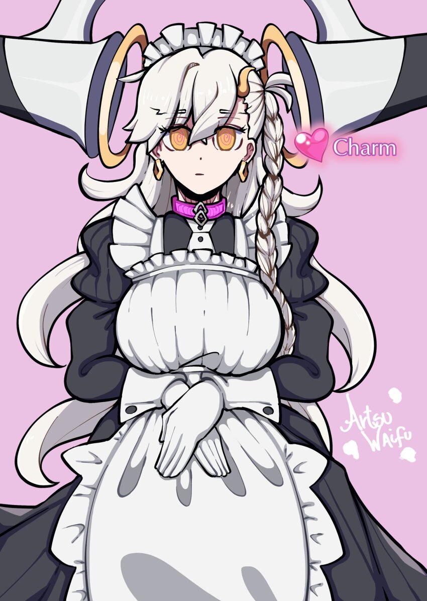 alternate_costume artsu_waifu bare_breasts breasts charm_(spell) cleavage clothed english_text expressionless fate/grand_order fate_(series) female_only femsub gloves heart horns hypnotic_magic large_breasts magic maid nipples olga_marie_animusphere pink_background pussy simple_background skirt_lift spiral spiral_eyes spiralwash_eyes spoilers symbol text u-olga_marie very_long_hair white_hair