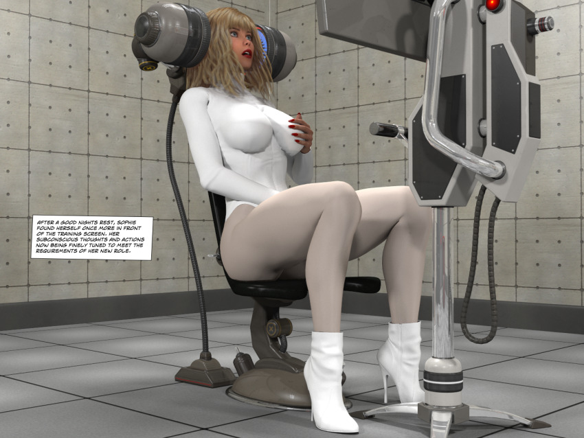 3d ass blonde_hair blue_eyes boots breast_grab breasts chair corruption daz_studio dazed expressionless female_only femsub high_heels hypnotic_screen large_breasts legs leotard lipstick makeup masturbation monitor nail_polish open_mouth original pantyhose sitting solo straight-cut_bangs tech_control telsis text
