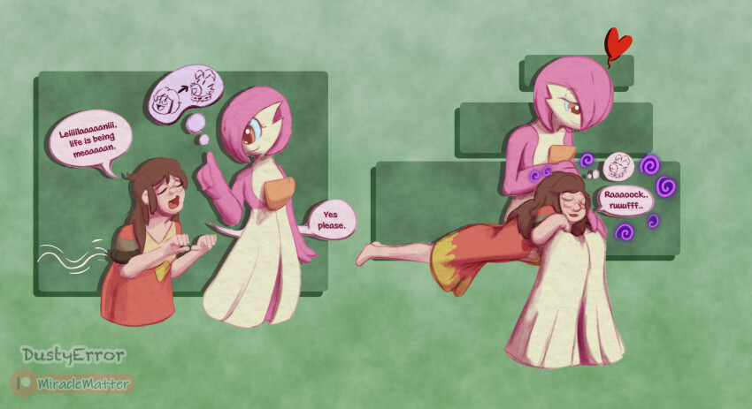 ahoge bare_legs barefoot before_and_after blush brown_hair closed_eyes collar consensual dog_girl dustyerror female_only femsub gardevoir glasses hair_covering_one_eye hand_on_head happy_trance legs long_hair lying nintendo open_mouth orange_eyes pet_play pokemon pokemon_(creature) pokemon_ruby_sapphire_and_emerald shirt spiral text