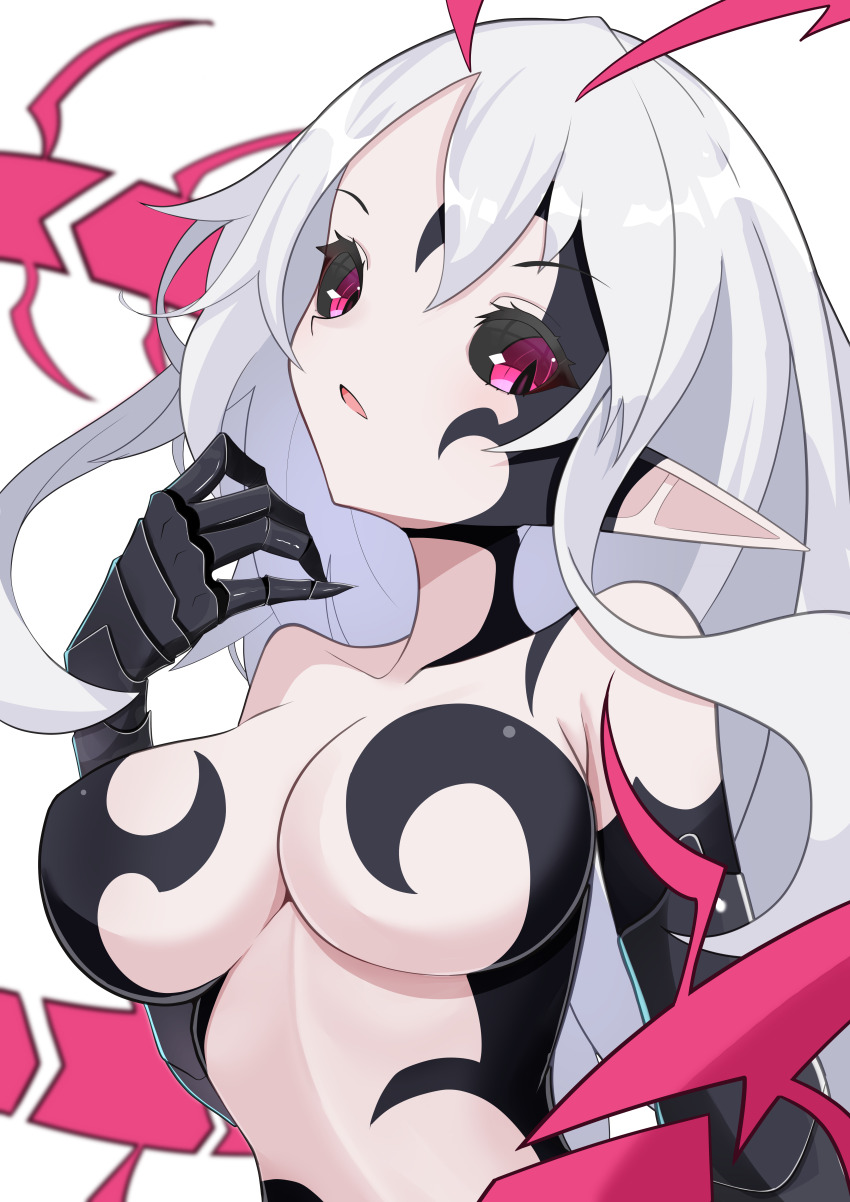 alternate_costume alternate_hair_color aura bare_shoulders black_sclera breasts cleavage corruption demon demon_girl disgaea disgaea_5 elf_ears femsub gloves large_breasts liezerota long_hair maledom octpus open_mouth opera_gloves pink_eyes possession spoilers void_dark