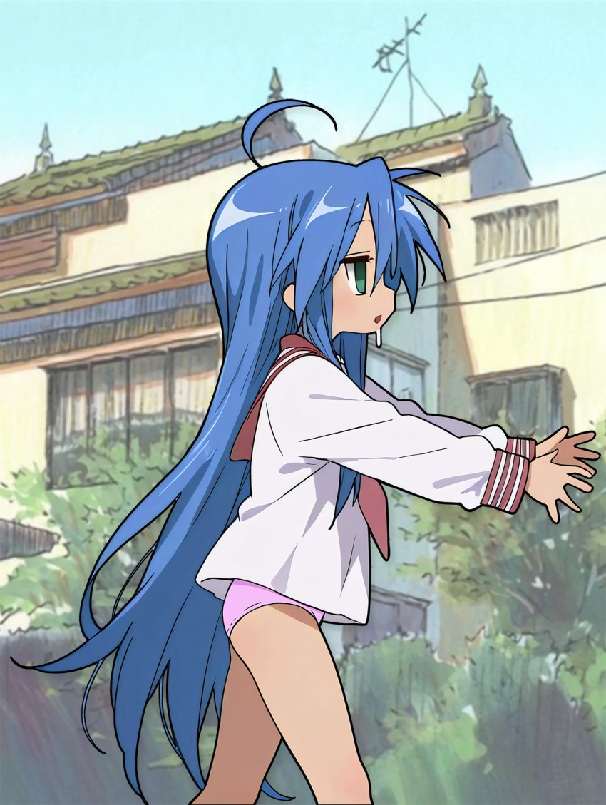 ai_art blue_hair drool empty_eyes female_only femsub karma-x konata_izumi lucky_star outdoors panties school_uniform solo very_long_hair zombie_walk