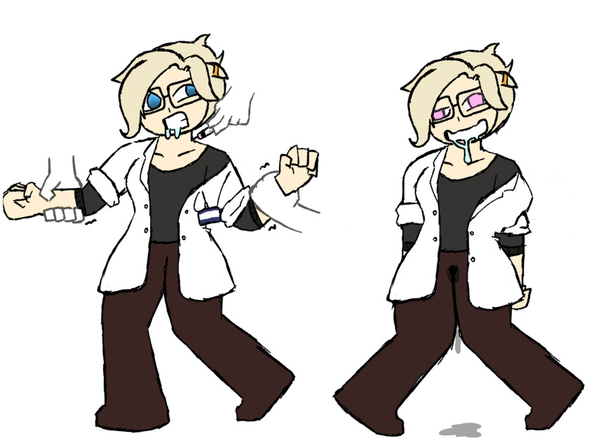 before_and_after blonde_hair blue_eyes dazed doctor drool drugged femsub glasses glowing_eyes happy_trance injection lab_coat mercy needleman overwatch pink_eyes resisting restrained sequence syringe wet white_background